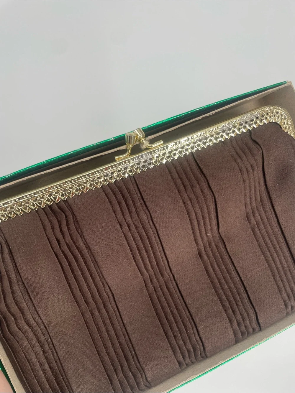 Vintage La Regale Double Chain Handle Brown Pintucked Evening Bag W Coin Purse